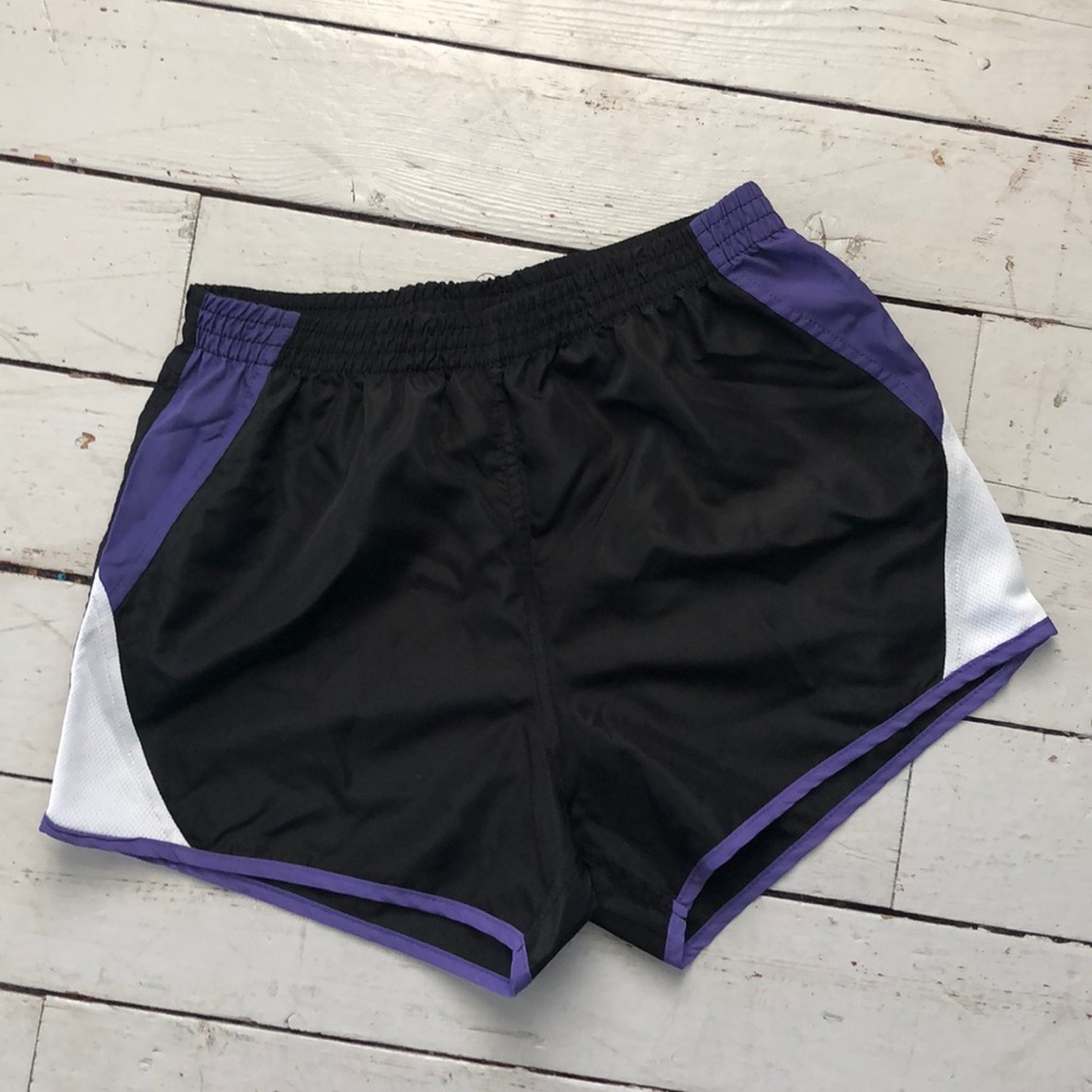 Girls black and purple running shorts unlined 14